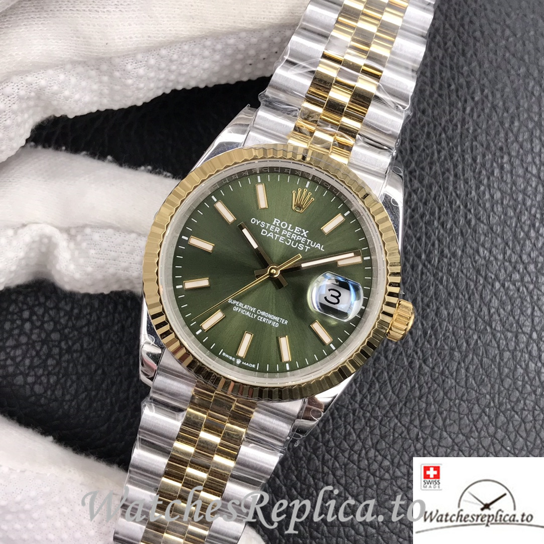 Swiss Rolex Datejust Replica Stainless steel strap 36MM Yellow Gold Green Dial - Replica Watches Shop