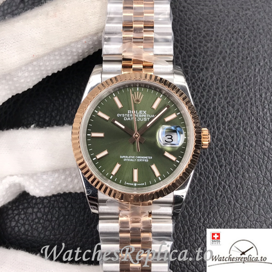 Swiss Rolex Datejust Replica Stainless steel strap 36MM Rose Gold Green Dial - Replica Watches Shop