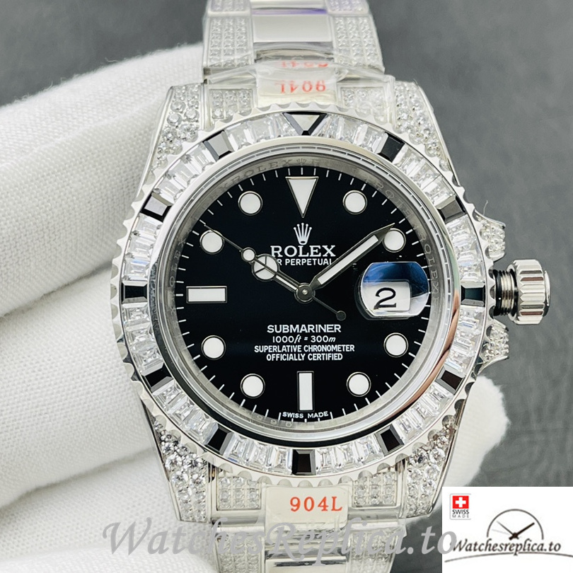 Swiss Rolex Submariner Replica Stainless steel strap 40MM Black Dial Diamonds Band - Replica Watches Shop