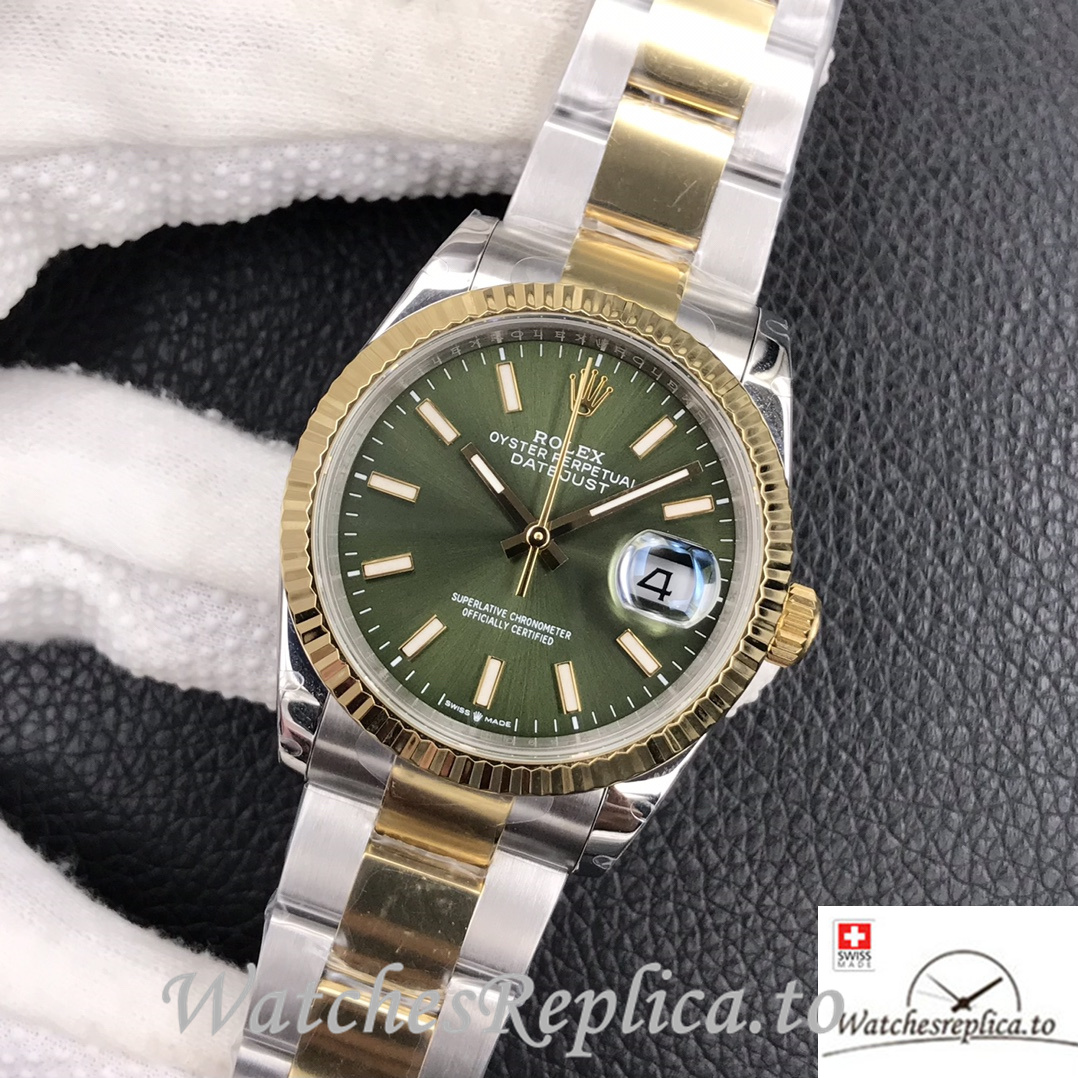 Swiss Rolex Datejust Replica Stainless steel strap 36MM Yellow Gold Green Dial Sticks Marks - Replica Watches Shop
