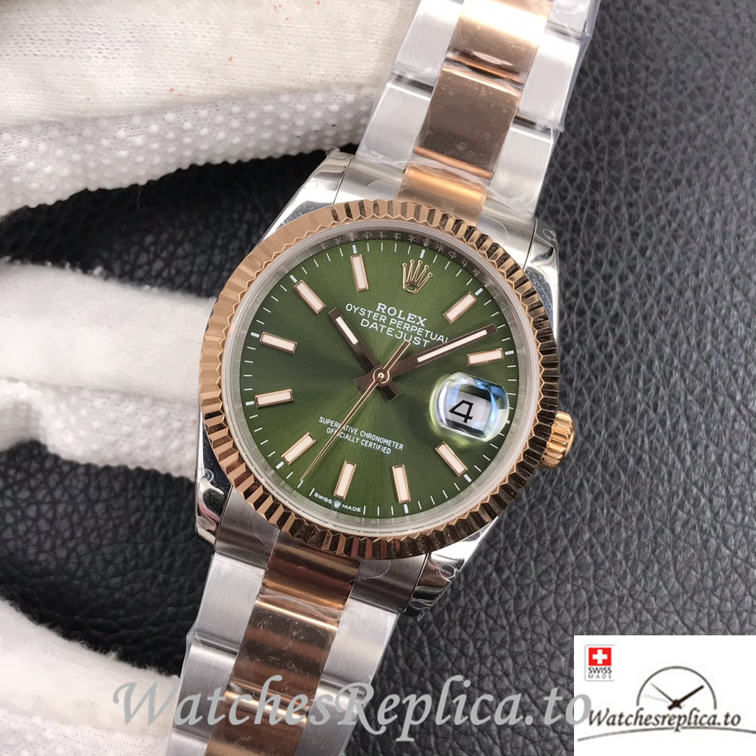 Swiss Rolex Datejust Replica Stainless steel strap 36MM Rose Gold Green Dial Sticks Marks - Replica Watches Shop