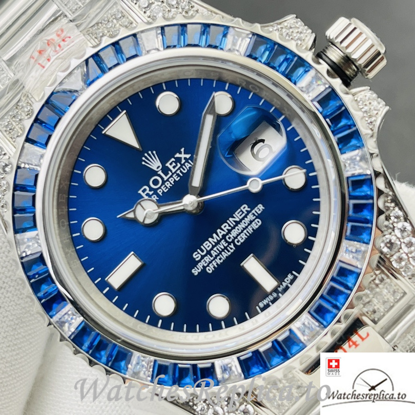Swiss Rolex Submariner Replica Stainless steel strap 40MM Blue Dial Diamonds - Replica Watches Shop