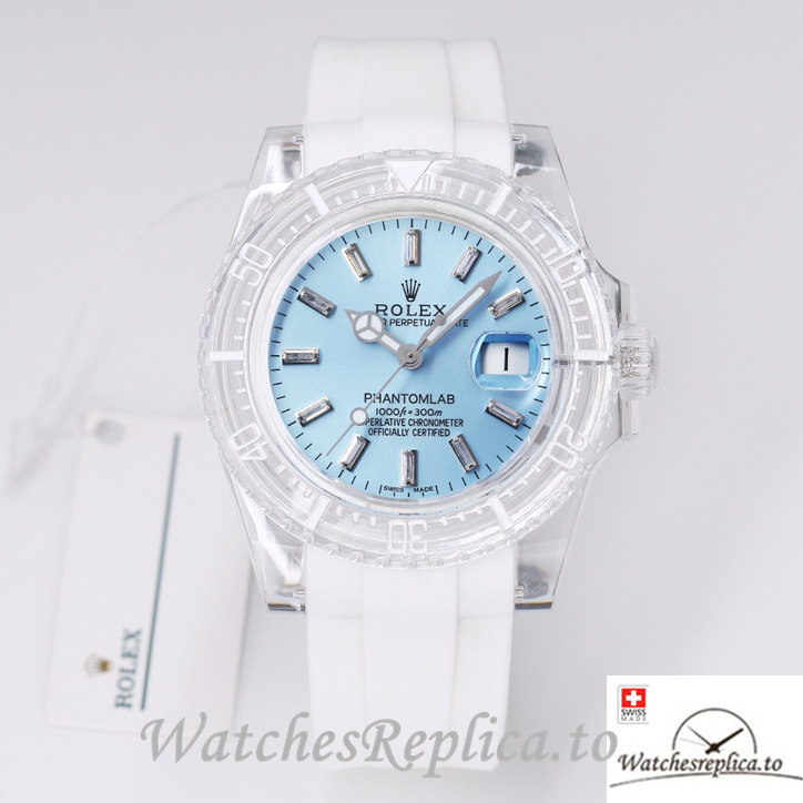 Swiss Rolex Submariner Replica Rubber strap 40MM PHANTOMLAB&ROLEX Baby blue Dial - Replica Watches Shop