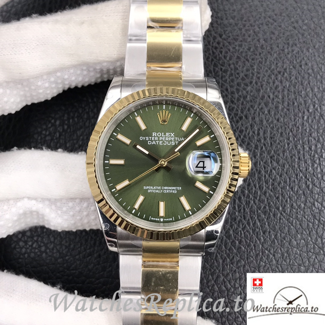 Swiss Rolex Datejust Replica Stainless steel strap 36MM Yellow Gold Green Dial Sticks Marks - Replica Watches Shop