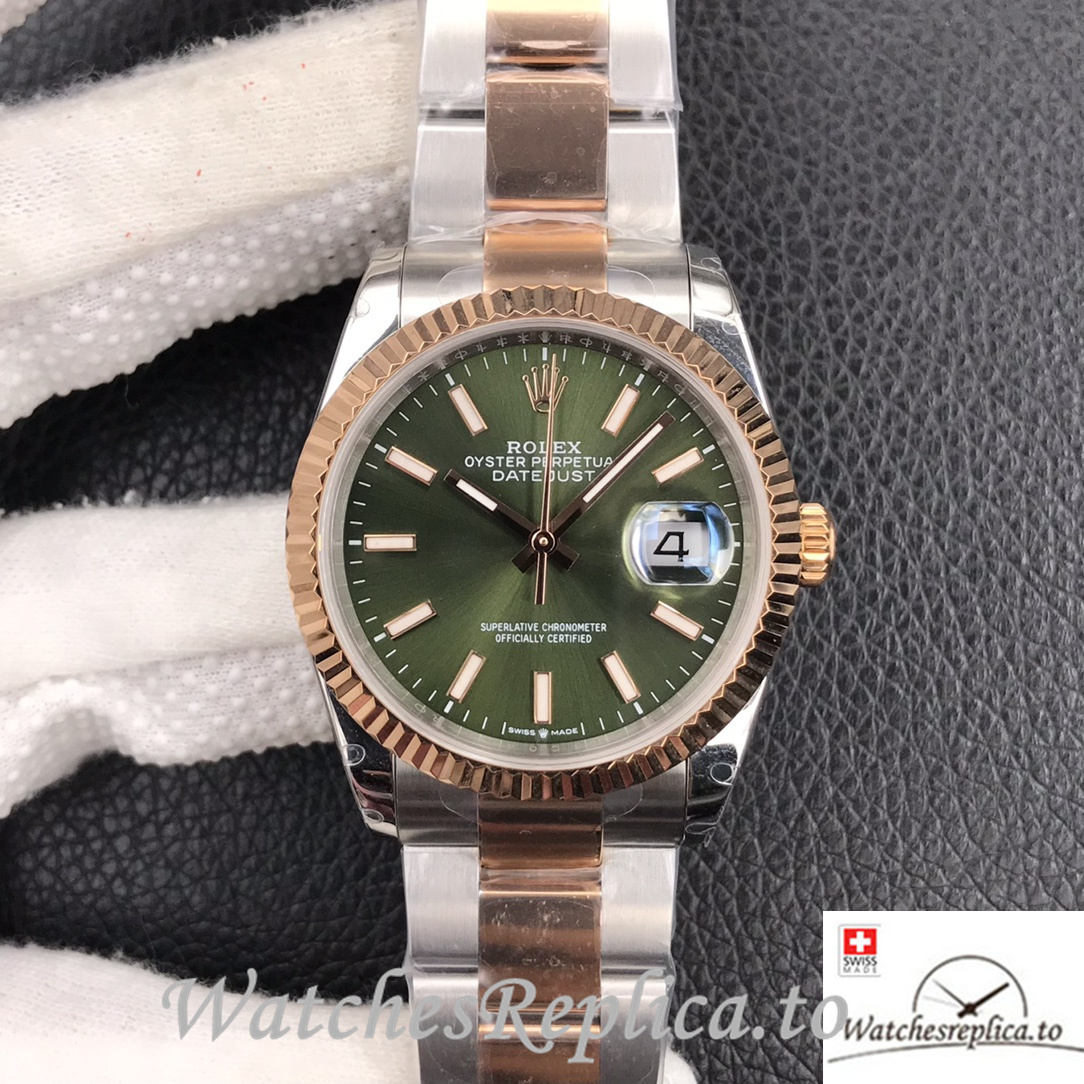 Swiss Rolex Datejust Replica Stainless steel strap 36MM Rose Gold Green Dial Sticks Marks - Replica Watches Shop