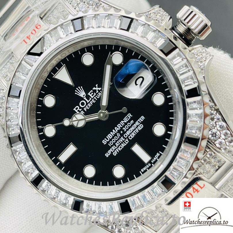 Swiss Rolex Submariner Replica Stainless steel strap 40MM Black Dial Diamonds Band - Replica Watches Shop